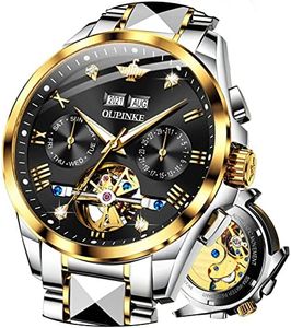 OLEVS Automatic Mens Watch Gold and Black Self Winding Watch Man Stainless Steel Day Date Mechanical Watches Men Skeleton Waterproof Big Diver Mens Watch No Battery Luminous Two Tone Men Dress Watch
