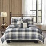 Madison Park Reversible Quilt Cabin Lifestyle Plaid Design - All Season, Breathable Coverlet Bedspread Bedding Set, Matching Shams, Ridge Grey Full/Queen(90"x90") 6 Piece