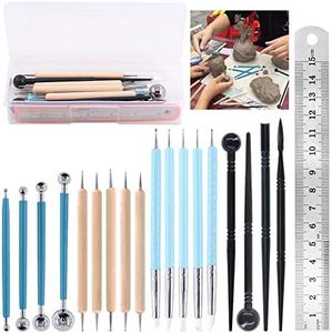 Glarks 19Pcs Carving Modeling Clay Sculpting Tools Set Including Plastic Modeling Tools, Ball Stylus, Silicone Tip Pens, Dual-end Dotting Clay Tool for Embossing Art, Coloring, Nail Art Painting