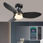 Surtime Low Profile Flush Mount Ceiling Fans with Lights and Remote&APP,34in Black Modern Ceiling Fans for Outdoor Patio,Small Room,Bedroom