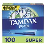 Tampax Pearl Tampons Super Absorbency, 100 Count, BPA-Free Plastic Applicator and LeakGuard Braid, Unscented, 50 Count, Pack of 2 (100 Count Total)