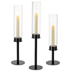 NUPTIO Black Candlestick Holders for Centerpiece: 3 Pcs Hurricane Taper Holder with Windproof Glass Cover Long Stem Cylinder Metal Candle Sticks Stands for Outdoor & Indoor Wedding Table Decoration