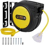 VEVOR 80FT Retractable Extension Cord Reel, 12AWG/3C SJTOW Heavy Duty Power Cord w/Lighted Electrical Triple Tap Outlets, 15A Circuit Breaker,180° Swivel Bracket for Workshop or Garage, Yellow