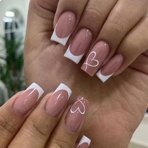 GlamRays Lot de 24 faux ongles French Tip On - Moyens, cœur blanc, style français, longs, carrés, en acrylique