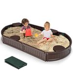 HONEY JOY Sandbox with Cover, 6FT Oval Sand Pit Play Station for Backyard, 4 Built-in Seating & Bottom Drainage Liner, All Weather Resistant Sand Boxes for Kids Outdoor with Lid