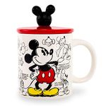 Silver Buffalo Mickey Mouse Heritage Sketch Ceramic Sculpted Handle Mug w Sculpted Lid, 18 Ounces