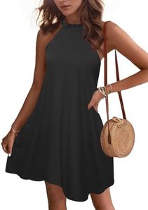 WNEEDU Vestido Verano Mujer Sin Mangas Vestidos Corto Cuello Hálter Casual Vestido Playa con Bolsillos Negro S