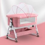 CAREIT Premium 6-in-1 Baby Bedside Cot, Crib, Cradle Portable All-Mesh Bassinet with Multi-Purpose Tray,Wheels, Storage Basket, and 6 Height Adjustments, Easy Assembly for Newborns- Pink