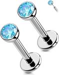 OUFER 2PCS Lip Rings Studs, G23 Solid Titanium Threadless Labret Jewelry 16G, Flat Back Lip Piercing Jewelry with Sparkling Aquamarine Blue CZ, Cartilage Helix Earrings for Women and Men