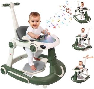 Baby Walker, 4-in-1 Baby Walker with Wheels Portable, Foldable Infant Toddler Walker for Boys Girls 6-18 Month,Removable Footrest,Car Steering Wheel & Music, Adjustable Push Walker Pink Green