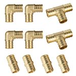 ISPINNER PEX Fittings, 10pcs 3/4 inch PEX Straight Coupling (4pcs) Degree Elbow (4pcs) PEX Tee (2pcs), Brass Barb Crimp Pipe Hose Fittings (Pack of 10)