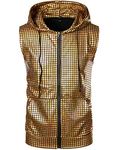 ZEROYAA Mens Hipster Metallic Zip Up Sleeveless Hooded Vest T Shirt with Kangaroo Pocket, Gold Sequin, X-Large