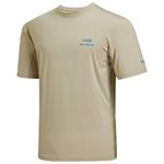 BASSDASH Men’s UPF 50+ Sun Protection Fishing Shirt Short Sleeve UV T-Shirt, Light Khaki/Vivid Blue Logo, Large