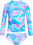 TENVDA Girls Swimsuit Long Sleeve Rash Guard Sets UPF 50+ Two Piece Bathing Suits Size 3-12 Years, Tie Dye G, 7-8 Years