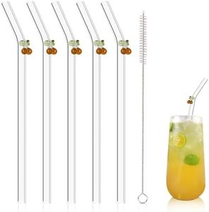 Olpchee 5 Pcs Reusable Straws Clear Glass Straws Colorful Cherry Design Size 7.8" x 8mm with 1 Cleaning Brush for Smoothies, Milkshakes, Juices, Teas (Caramel)
