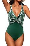 JFAN Womens One Piece Swimsuit Ruched Tummy Control Swimming Costume Women V Neck Ladies Vintage Halter Neck Bathing Suit,Green,XL