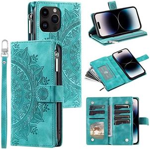 Mavis's Diary Compatible with iPhone 14 Pro Max Case Wallet for Women, Mandala Floral Embosssed PU Leather Folio Zipper Cover Magnetic Flip Book Case with Card Holder Wrist Strap (Green)