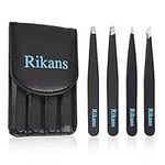 Rikans Precision Tweezers Set – Pack of 4 Black Professional Tweezers – Handy Carry Pouch – Superior Stainless Steel Tweezer Set – Splinters, Eyebrows, Facial or Ingrown Hair – Blackheads Remover