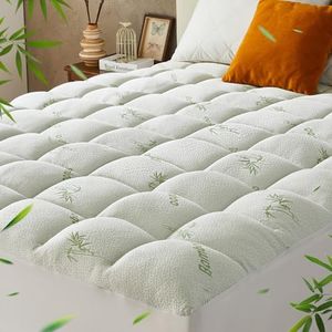 Lakora Bamboo Viscose Queen Mattress Topper 1000GSM for Back Pain Relief, Thick Pillowtop Mattress Pad with 45CM Deep Pocket, Green Bamboo Print