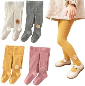 Silkglory Tights for Girls, (2 Pack) Stockings for Girl, Cable Knit Cotton Toddler Tights Pantyhose with Flower Decoration 2-3T, White/Grey