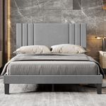 Upholstered Queen Bed Frame/Leather Upholstered Platform Bed with Headboard and Sturdy Wooden Slats/No Box Spring Needed/Noise-Free/Easy Assembly (Light Grey-Linen, Queen (U.S. Standard))