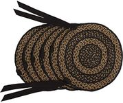 VHC Brands Farmhouse Striped Textured Jute Primitive Tabletop Kitchen Tie Back(s) Round Chair Pad Set of 6, Country Black
