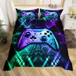 Geometric Gamepad Duvet Cover Queen Size,Modern Gamer Comforter Cover with 2 Pillowcase for Teens Adults,Kids Blue Purple Neon Bedding Set,Video Games Breathable 3 Pieces Decorative Bed Cover