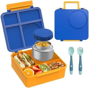 Bento Lunch Box Set for Kids with 8oz Soup Thermo, Leak-Proof Lunch Containers with 4 Compartment, Thermo Hot Insulated Food Jar and Foldable Fork Spoon, for Kids to School (Blue)