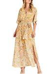 ANRABESS Women’s Summer Loose Boho Flowy Wrap V Neck 3/4 Sleeve Floral Print Slit Beach Wedding Guest Long Maxi Dresses 2024, Floral Yellow Pink, X-Large