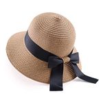 PESAAT Women Summer Straw Hat Bowknot Beach Caps Wide Brim Foldable Sun Hats (Khaki, Adult)