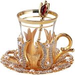 (Set of 6) Turkish Tea Glasses Set with Saucers Holders Spoons, Decorated with Swarovski Type Crystals and Pearl,24 Pcs (Gold), 3.3 Ounces