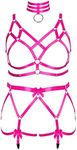 BANSSGOTH Women Plus Size Full Body Garter Belt Harness Punk Crop Cage Suspender Adjustable Gothic Hollow Out Bra, Rose Red, 50 Plus