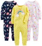 Simple Joys by Carter's Baby Girls' Toddler 3-Pack Snug Fit Footless Cotton Pajamas, Dinosaur, Space, Rainbow, 4T