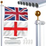 NQ 20FT (6M) Flag Poles for Garden, Sectional Heavy Duty Aluminum Flag Pole Kit with UK Flag, Flag Pole Topper, Flagpole Rope, Outdoor in Ground Flag Pole for Yard Residential, Commercial Use (Silver)