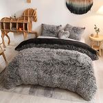 MEGO Luxury Shaggy Plush Duvet Cover Set, Soft 3 Pieces Fluffy Faux Fur Comforter Cover Set, Fuzzy Bedding Set(1 Furry Duvet Cover Queen Size + 2 Pillow Shams), Zipper Closure(Queen, Black Ombre)