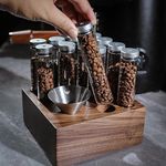 KNODOS Single Dose Coffee Bean Storage Tubes Espresso Bean Cellar 12pcs One-Way Exhaust Valve Lids Glass Dosing Vials With Walnut Stand & Stainless Steel Funnel