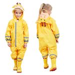 JinBei Rainsuit Girls Puddle Suit All in One Waterproof Raincoat Kids Hooded Lightweight Yellow Elk Reindeer Poncho Rainwear Muddy Portable Breathable PVC Transparent Hat Brim Zipper 7-10 Years