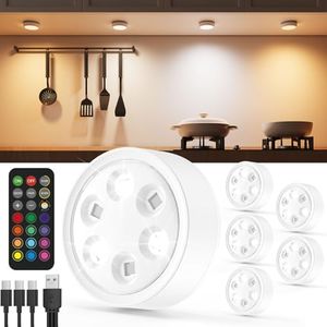 Rechargeable Puck Lights with Remote Control, 2400mAh Battery Powered LED Tap Light Push Lights Stick On for Closet USB Display Shelf Light Magnetic Under Cabinet Press Button Lighting for Classroom