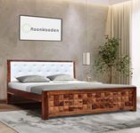 MoonWooden Solid Sheesham Wood Queen Size Bed Without Storage for Bedroom Living Room Home Wooden Cushioned Headboard Double Bed Cot Furniture (Teak Finish)