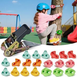 20 PCS Ninja Rock Climbing Holds for Kids,Tree Climbing Rock Wall Grips,Adult Rock Wall Holds Rock Wall Climbing Kit with 6 Ratchet Straps for Indoor and Outdoor Climbing Wall Holds（Pastel Color）
