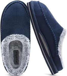KuaiLu Mens Momery Foam Clog Slippers Comfy Handmade Stitch Microsuede Slip-on House Shoes With Arch Support Warm Faux Fur Lined Rubber Sole Indoor Outdoor Blue Size 9