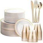 MATANA 360 Pcs Reusable White & Gold Plastic Dinnerware Set for 60 Guests - 60 Dinner & 60 Dessert Plates, 60 Cups, 180 Cutlery Set (60 Knives, 60 Forks & 60 Spoons) - for Weddings, Parties