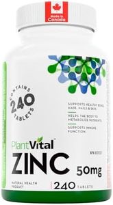 PlantVital Zinc Supplements 50mg (240 Count) - Immune Support, Healthy Bones, Hair, Nail and Skin with Zinc Gluconate 50mg - Made in Canada - Additive-Free - 240 Zinc Tablets