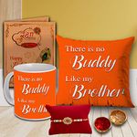 AWANI TRENDS Special Rakhi Gift for Brother Raksha Bandhan Gift There Is No Buddy Like My Brother Printed Cushion Pillow (12 * 12 Inch) Ceramic Mug Rakhi Greeting Card Roli & Chawal