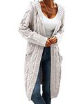 Women Hooded Open Front Cardigan Cable Knit Sweaters Solid Color Chunky Long Sweater Coats, White, Large