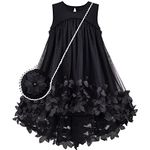 Sunny Fashion Girls Dress Black Cross Body Bag A-Line Sleeveless 3D Flower Size 7 Years