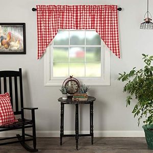 VHC Brands Annie Buffalo Check Cotton Farmhouse Kitchen Curtains Rod Pocket Hanging Loops Swag Pair, 36x36x16, Red