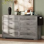 DWVO Grey 8 Drawer Dresser, 31.5" W Large Vintage Double Dresser Chest of Drawers with Charging Station and Side Organizer Bag, Wood Storage Dresser with Retro Metal Handle for 300lbs for Hallway