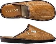 ESTRO Mens Slippers Men House Shoes Leather Home Mule Men's Slipper Memory Sole Rust (12 UK, Camel)