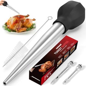 SCHVUBENR Large Turkey Baster with Cleaning Brush & Needle - Stainless Steel Baster Tool for Cooking - Easy to Use and Clean - Heavy Duty Baster Syringe - Flavor Meat Poultry, Beef, Chicken(Black)